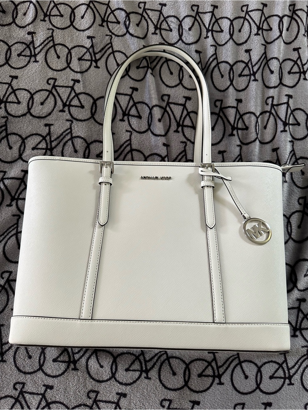 Michael Kors White Saffiano Tote with Logo Charm